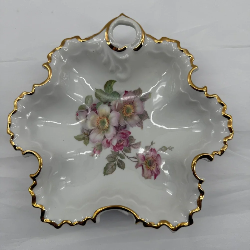 Vintage Gerold Porzellan Bavaria Western Germany Floral Trinket Dish Gold Trim